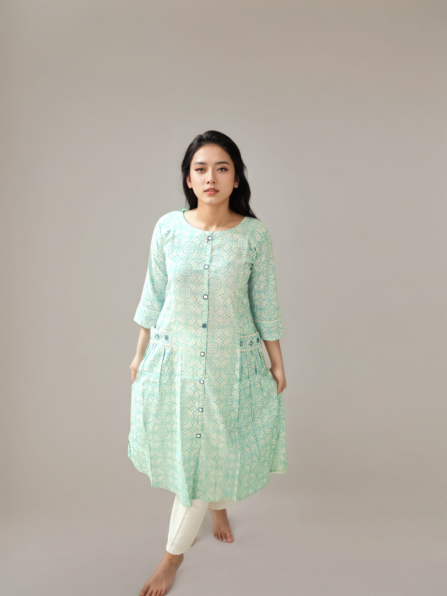 Mint green cotton kurti with two side pockets