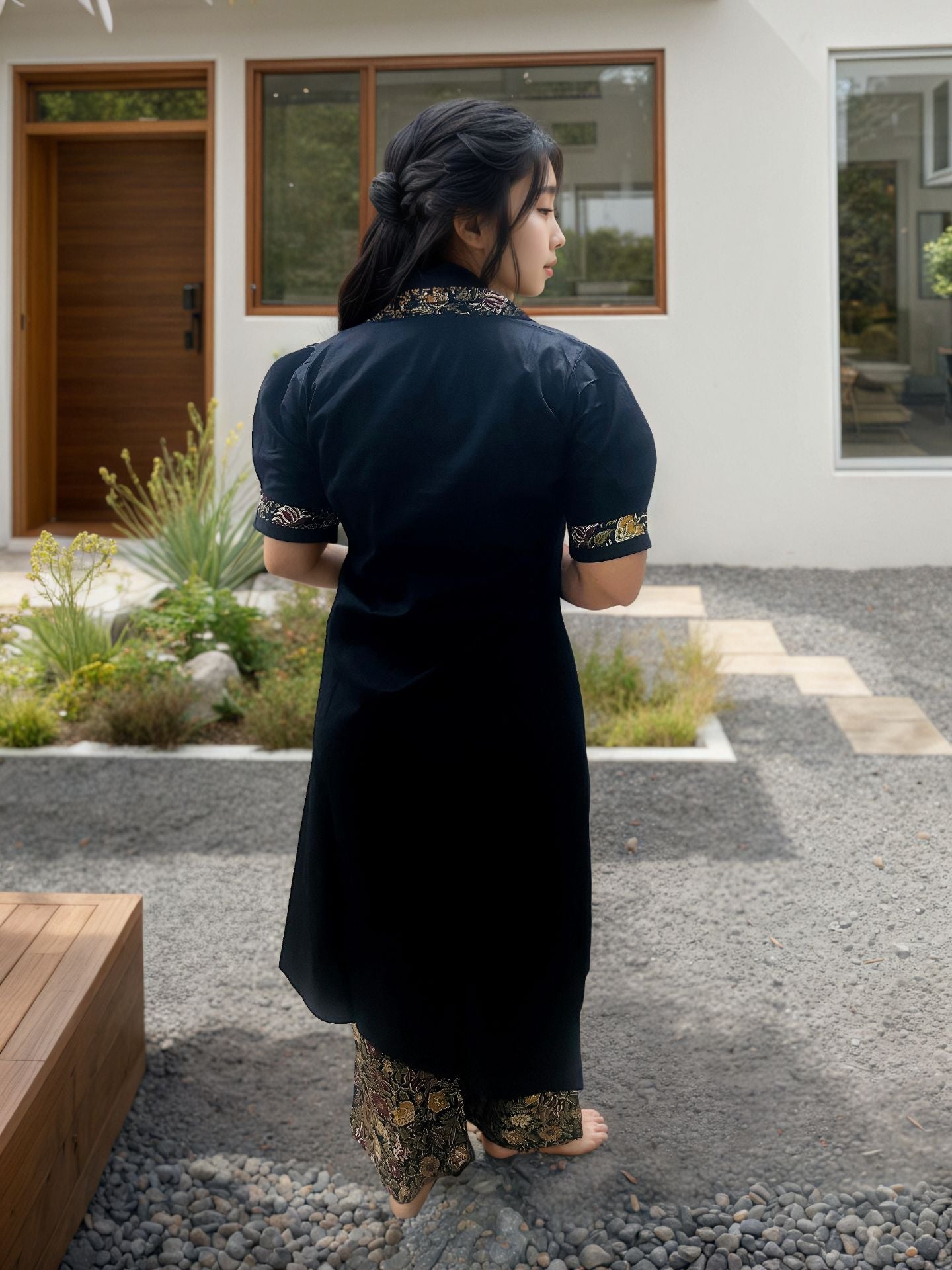 Black kurti with floral designs and floral plazo pair