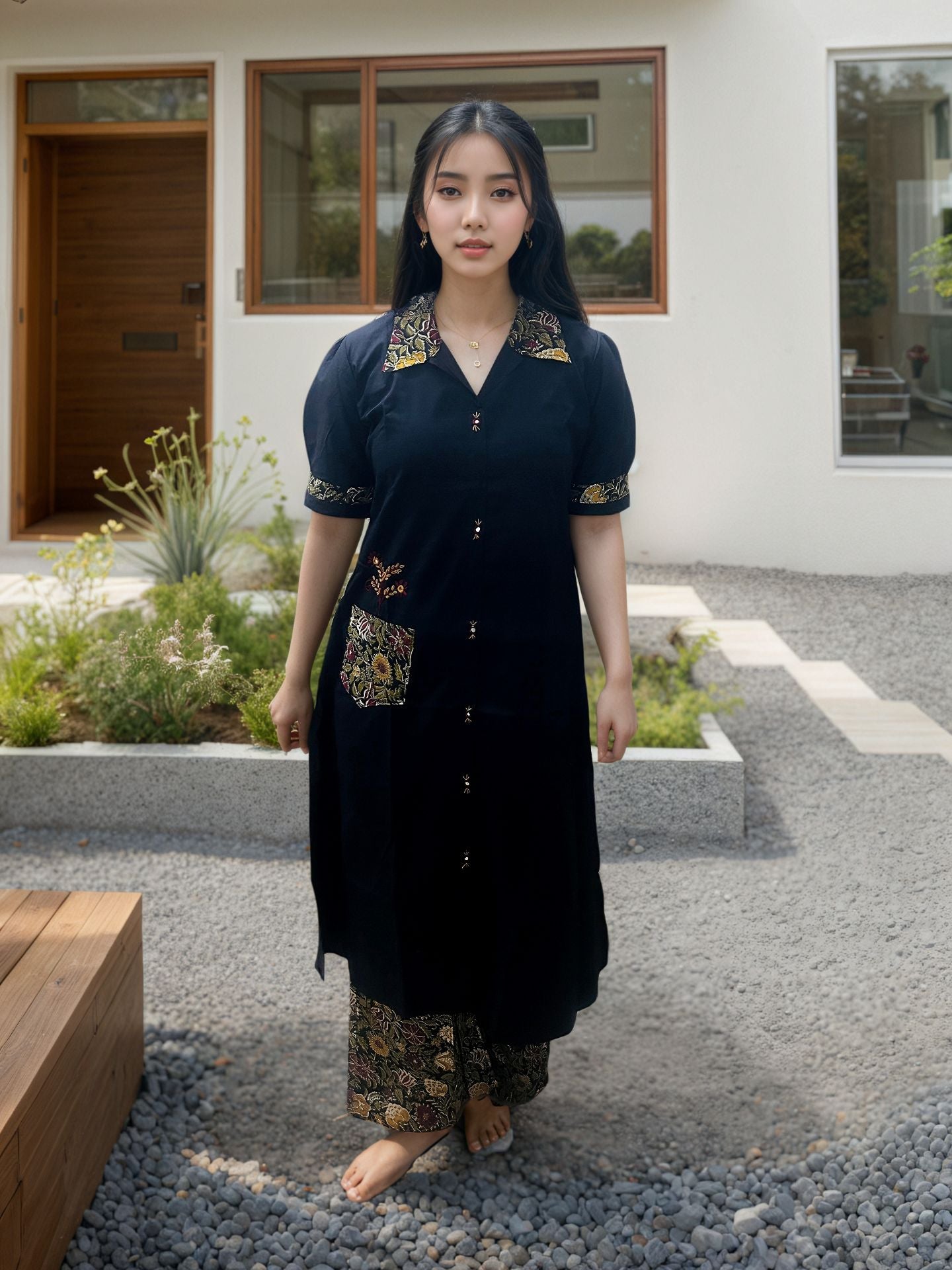 Black kurti with floral designs and floral plazo pair