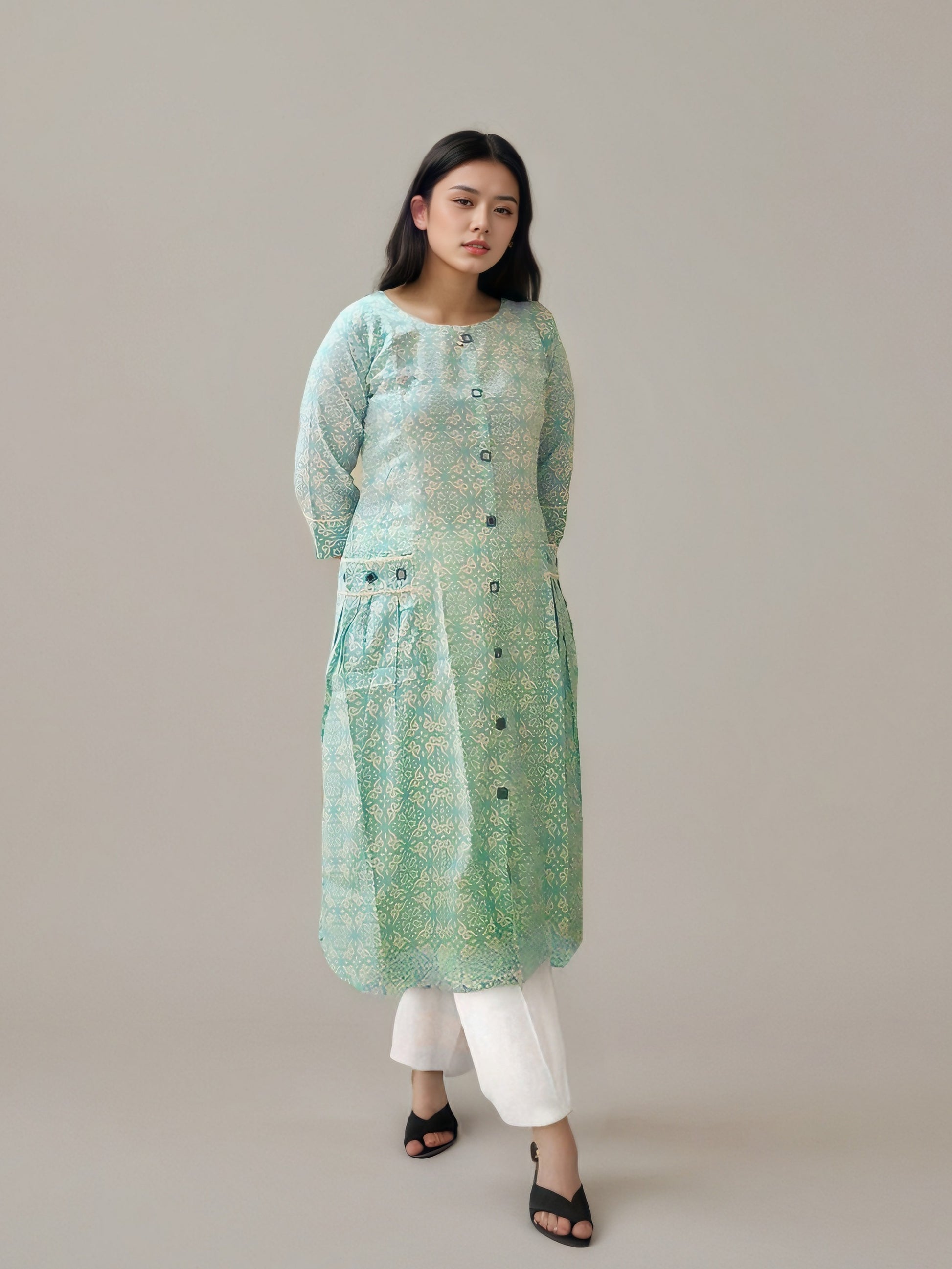 Mint green cotton kurti with two side pockets