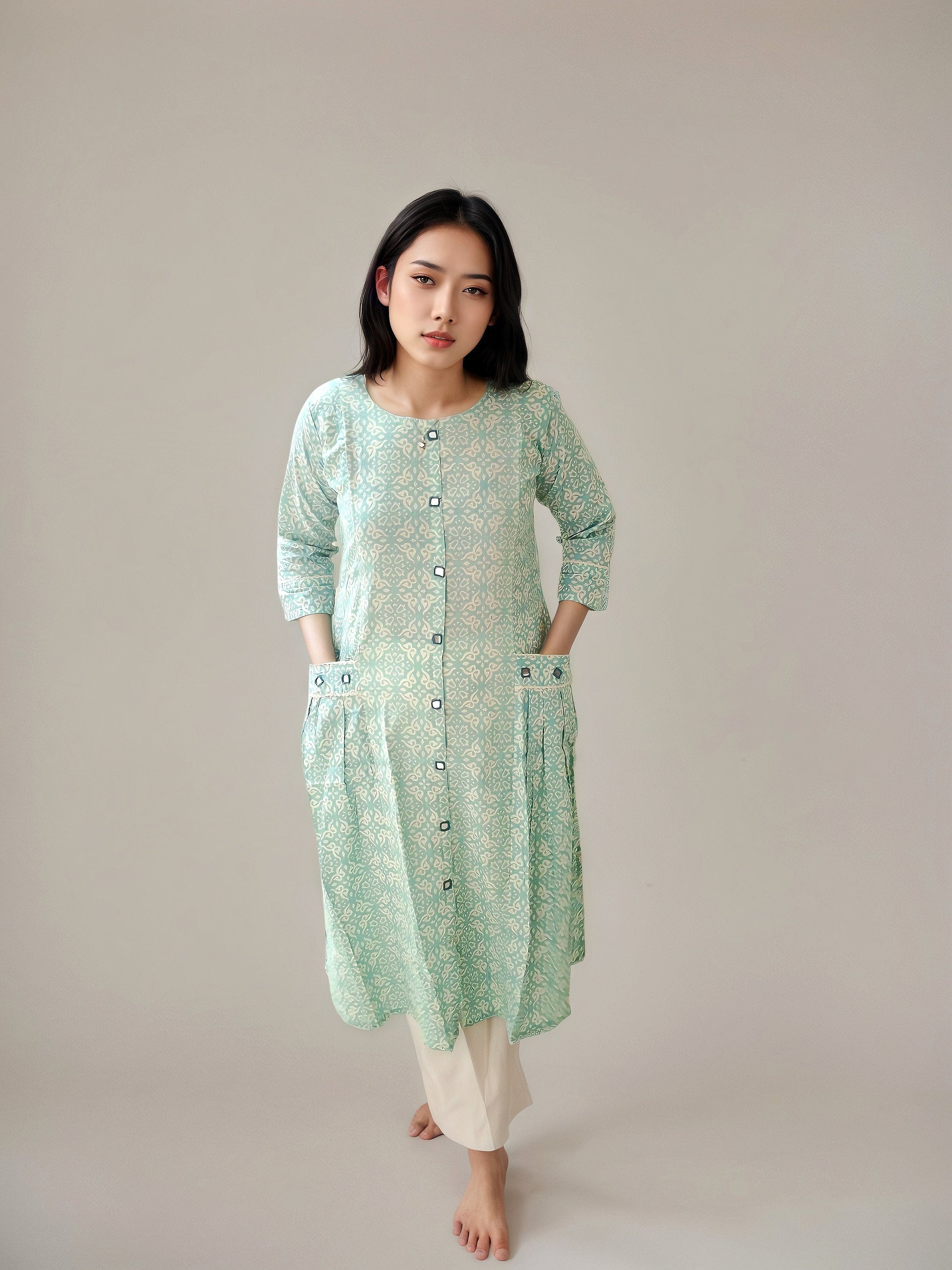 Mint green cotton kurti with two side pockets