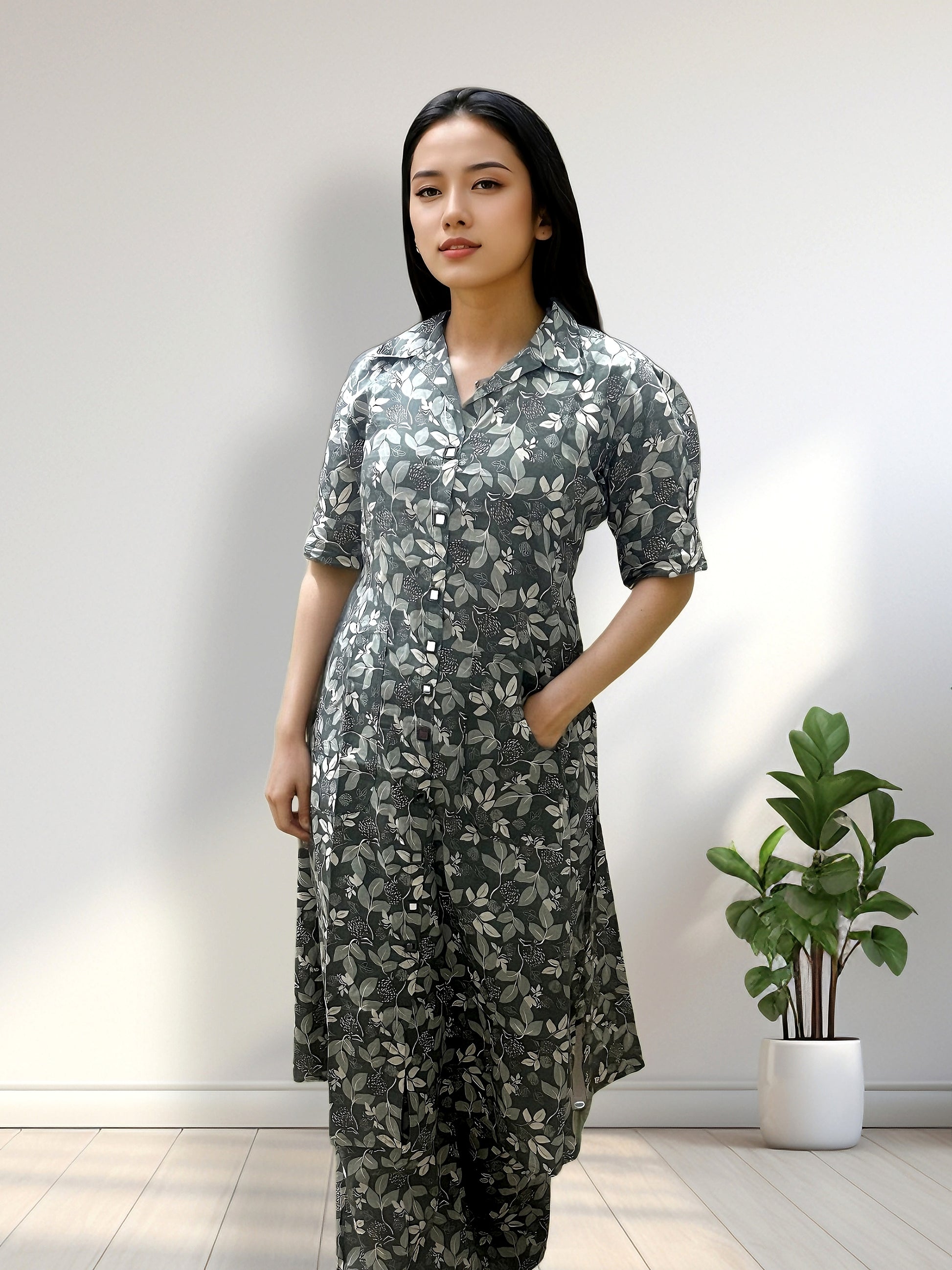 Light Pista floral printed kurti with plazo pair